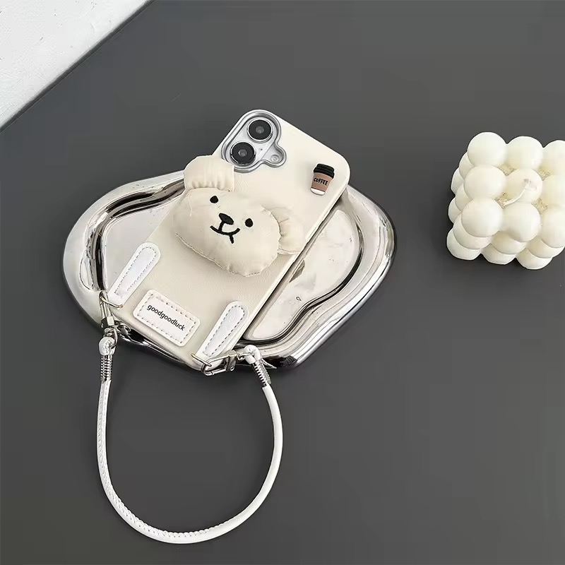 Bear Cartoon Pop Case White Premium Leather Lucky Teddy Bear Cover For Iphone 15